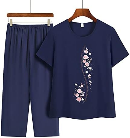 2 парчиња летни облеки за жени плус големини со конечни кошули со краток ракав и панталони поставуваат постари жени лабави сетови