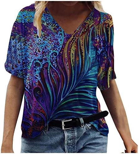 Летни обични врвови за жени низ сите шарени врвови за печатење против маички со кратки ракави на вратот 2023 Трендовски блузи