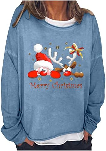 Oversенски преголеми џемпери со долги ракави со долги ракави, џемпер на вратот, обичен среќен Божиќ, симпатична ирваси, пулвер, врвот на врвот