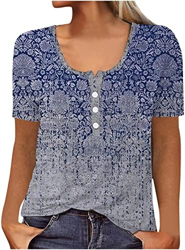 Zunfeo жени летни маички кошули лажички вратот Краток ракав блуза гроздобер графички тренингот кошули копче Хенли блуза мека