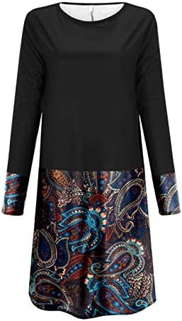 Фустани за маички HXHYQKP за жени паѓаат плус големина на екипаж етнички печатен фустан од туника