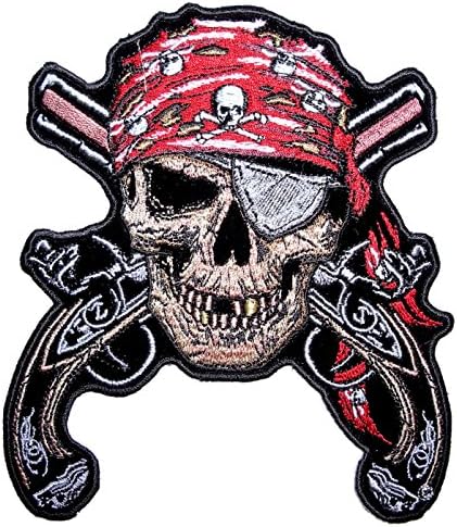 Кожа врвен пиратски череп за очи на очите вкрстени пиштоли извезени везени велосипедисти-црвени средни медиум