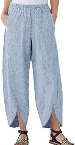 Женски обични панталони со високи половини со широки нозе, памучна постелнина, еластична половината, случајна лабава глужд каприс панталони со џебови