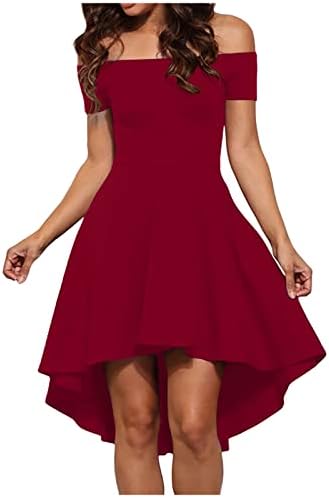 Плус големина коктел фустани за жени надвор од рамо рафла цврста боја мини фустан гроздобер фустан со краток ракав со висок