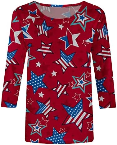 Женска патриотска маица обична 3/4 ракави на врвовите на вратот на вратот на вратот 4-ти јули starsвезди ленти графички блузи