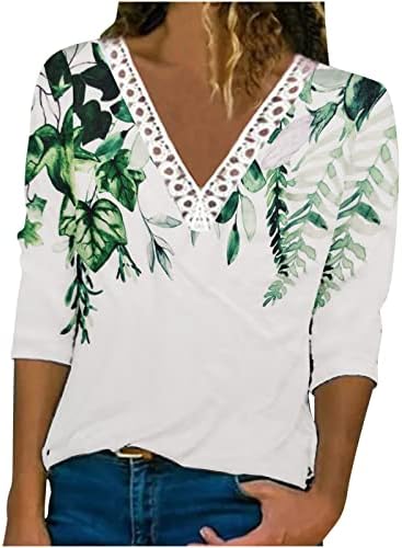 Женски есен цветни печатени врвови, жени облечени од капчиња чипка трим V вратот маици обични лабави тунични пуловер маичка
