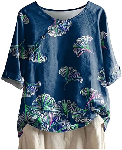 Женски летни обични кошули трендовски цветно копче за печатење, маица, околу вратот, половина ракави блуза лабава вклопување