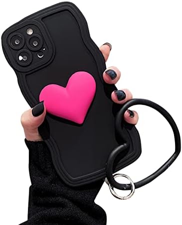 Ивјухе Црно Срце Телефон Случај Компатибилен со iPhone 13 Pro Max, Симпатична 3D Розова Голема Љубов Срце Телефон Случај, Кадрава