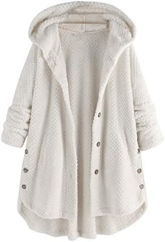 Џебно палто Неправилно копче со долги качулки, лесен ракав, плус големина руно јакна плус големина женски палто