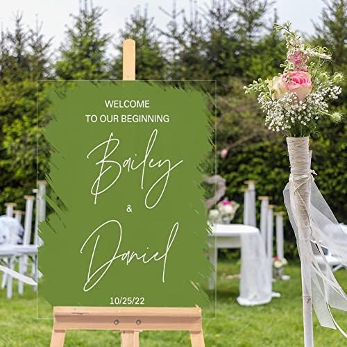 Alioyoit Sage зелена обичај акрилик свадба знак шик свадба добредојде знак чист акрилик свадбен прием церемонија знак за славење