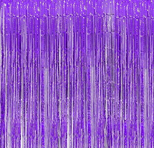 Blukey 2-пакети 3.2ft x 8.3ft Purple Metallic Tinsel Foil Fringe Backdrop завеса за свадба Божиќ Ноќта на вештерките Нова Година