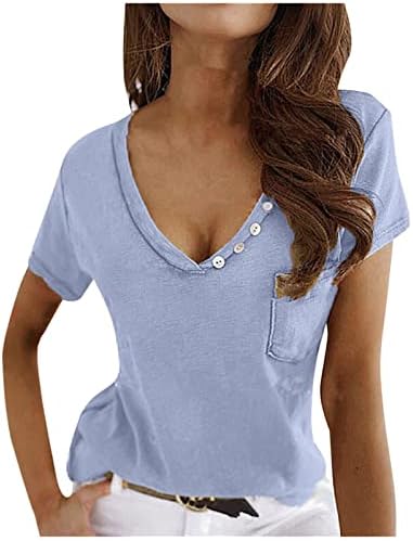 Женски врвови со кратки ракави со кратки ракави на врвови длабоко v вратот летни кошули облечени обични блузи тенок фит цврсти
