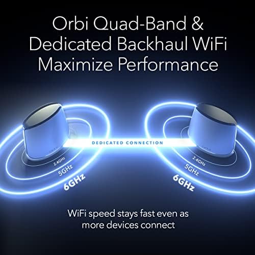 Netgear Orbi Quad-band WiFi 6E Sysh System, рутер со 2 сателитски екстендери, брзина од 10,8 Gbps, покриеност до 9,000 квадратни