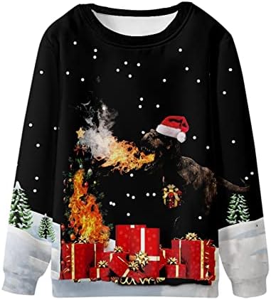 Унисекс грди Божиќни џемпери животни 3Д печатење со долг ракав, тркалезен џемпер, пулвер за прослави на Божиќна забава