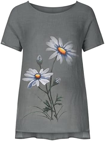 Womenенски краток ракав 2023 постелнина памучна екипаж вратот на вратот графички принт цветни салон топ маица маица за девојчиња