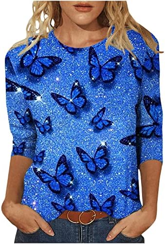 Симпатични врвови за жени 3/4 ракав неонска пеперутка печатена маица летна екипаж Туника врвови дами облечени во обична блуза
