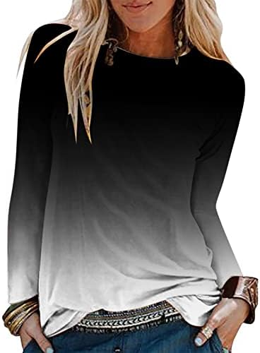 Женски обичен тркалезен врат со долг ракав со долги ракави, печатени лабави кошула, врвови на блузи, пад на топки врвни кошули