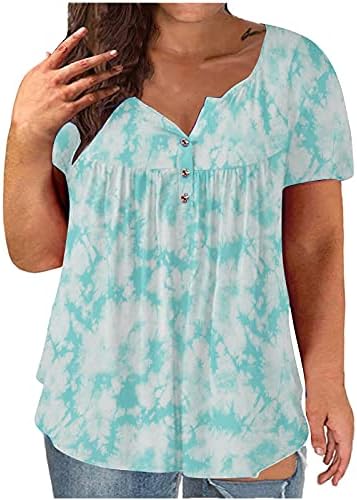 Плус големина жени летни врвови со кратки ракави фустани со копче за маичка V вратот Хелеј маичка вратоврска боја боја скриен