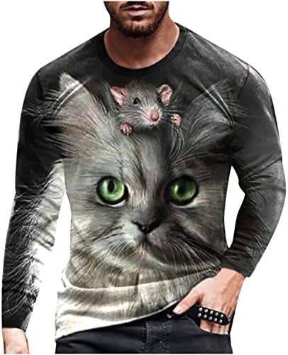 Менси кошули 3Д печатена маица случајна смешна мачка графика екипаж на долги ракави врвови за маички за подароци за loversубители