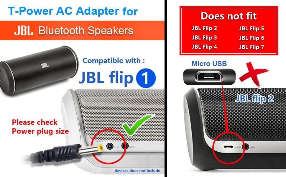 Charger T-Power за JBL Flip Преносен стерео безжичен звучник 6132A-JBLFLIP Bluetooth адаптер wallиден полнач за домови DC Power