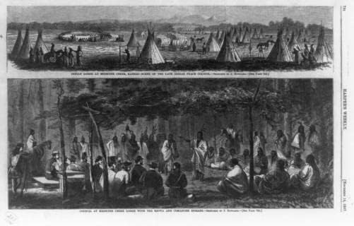 Историски информации Фото: Фотографија од Неделниот Харпер, 1867 година, Индиски ложа, Медицина Крик, Канзас, Команче, Киова