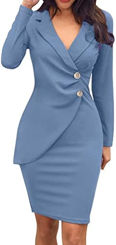 Официјални фустани за жени - Облека за блејзер на вратот за работа со долг ракав Бодикон колено должина Миди деловна канцеларија