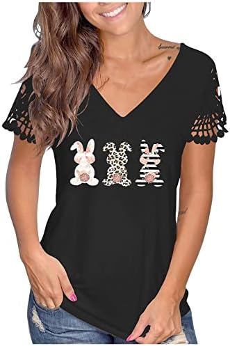 Велигденски ден печатени блузи за жени Кропчиња чипка краток ракав против вратот лабави врвови летни плетени кошули за хеланки