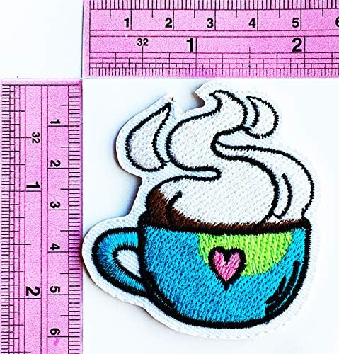 Еспресо кафе чаша топол пијалок и розово срце деца цртан филм железо на лепенка извезена лепенка за јакна торбички фармерки