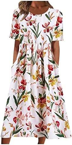 Maseенски мода 2023 година, женска летна обична мода печатена кратка ракав 2022 фустан од џеб на вратот О-врат