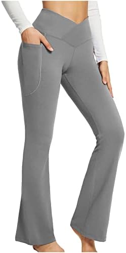 Quiusge жени јога панталони хеланки со џебови пакет, широки нозе со висока половината на половината за контрола на стомакот,