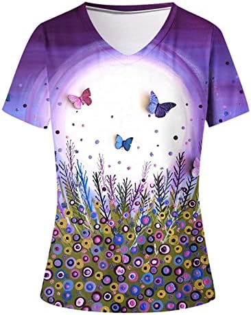 Женски длабоки v вратот спандекс кошули салон врвови маици кратки ракави цветни графички есен летни кошули облека bv