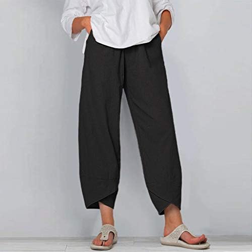 Liuguoo 2023 летни панталони за жени обични џебови памучни постелнини широки нозе влечење еластична половината каприс панталони