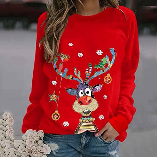 Грдите врвови женски божиќни маички смешни ирваси за ирваси за ирваси, принт на долги ракави кошули Нова симпатична екипаж пуловер