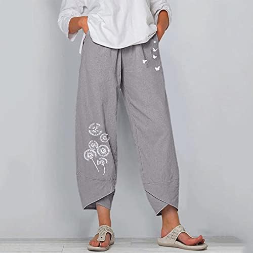 Капри панталони за жени памучни постелнини широки нозе каприс лето пеперутка цветни печати плажа еластична половината бања исечени