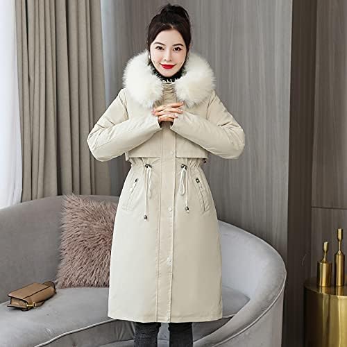 Жени палта зимска дебела долга памучна облека со голема волнена јака дебела палто тенок пафтер јакна