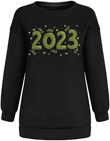 Зелена 2023 Графичка маичка за жени паѓаат преголеми врвови на пулвер, нова година од одмор на долги ракави, кошули со екипаж