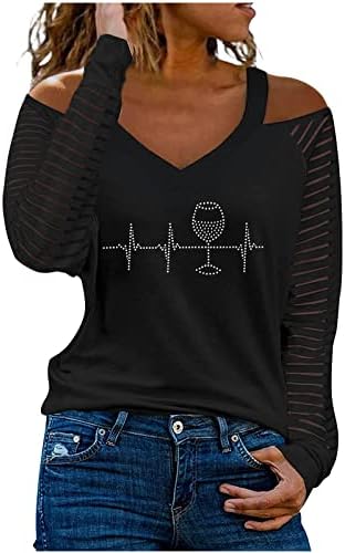 Црни женски кошули мрежа со долги ракави ладни рамо блузи маички против вратот без грб стакло музика лабава кошули lq xl