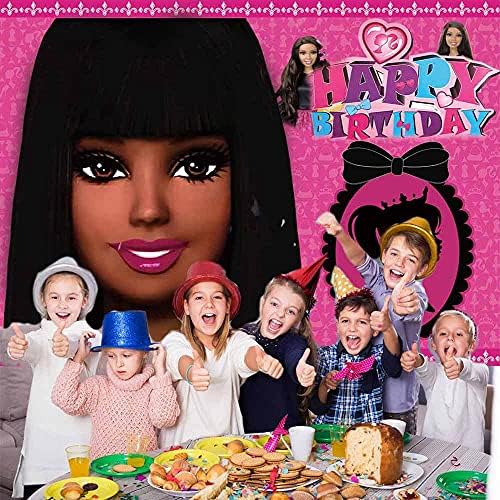 Заднината на црната партија Барби, розова фотографија позадина Гламур девојка дама роденденска забава Банер торта за табели